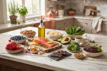 healthy foods displayed on an upscale kitchen table