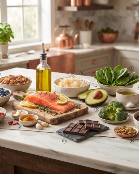healthy foods displayed on an upscale kitchen table