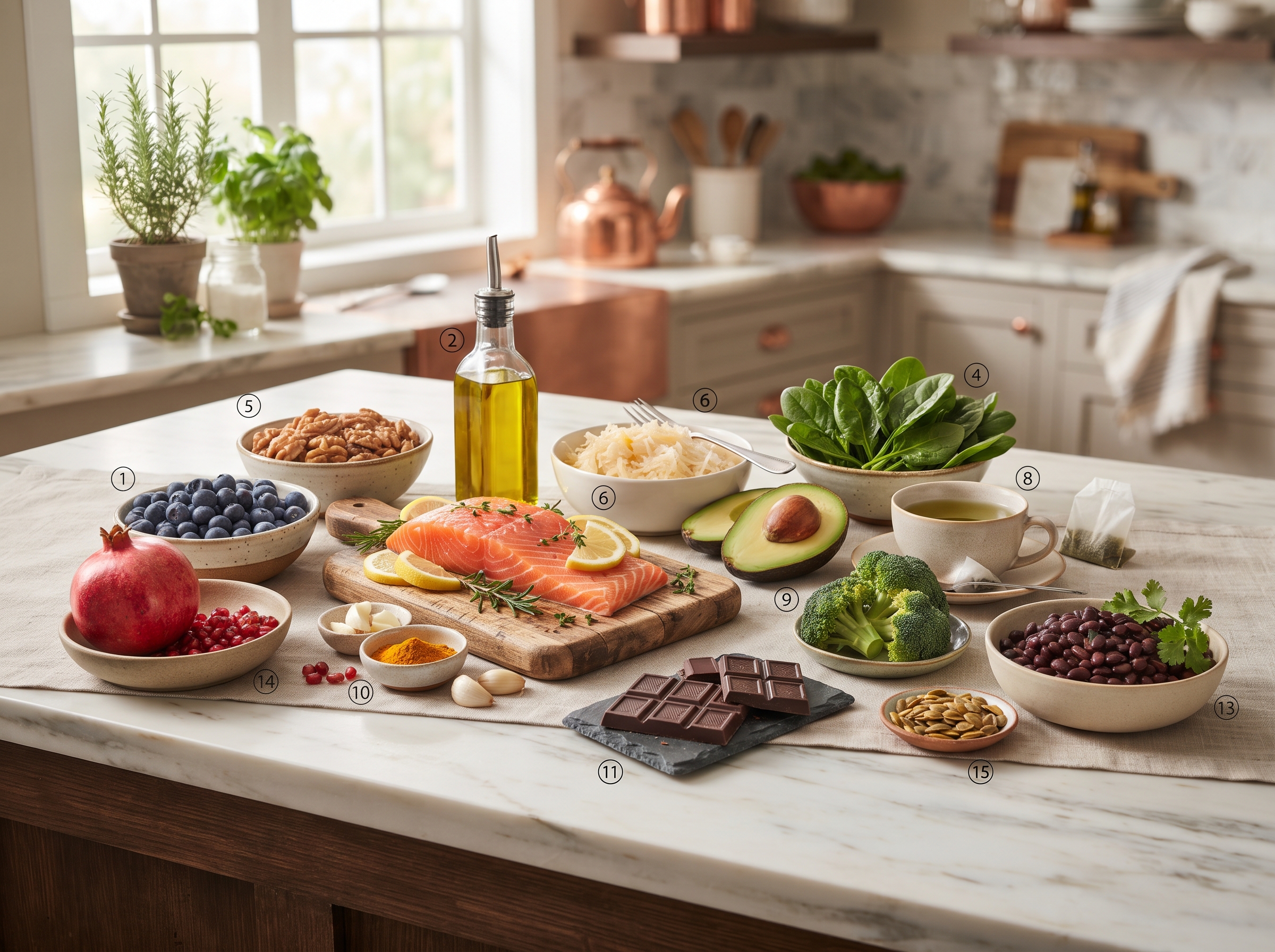 healthy foods displayed on an upscale kitchen table