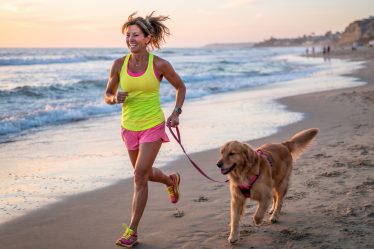 image of a woman in her fifties jogging on a beach with her dog