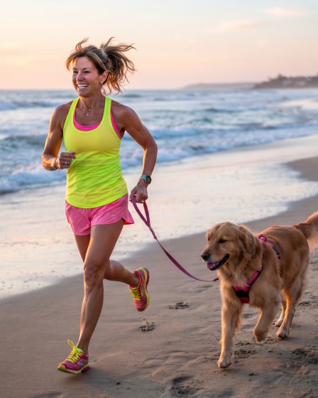 image of a woman in her fifties jogging on a beach with her dog