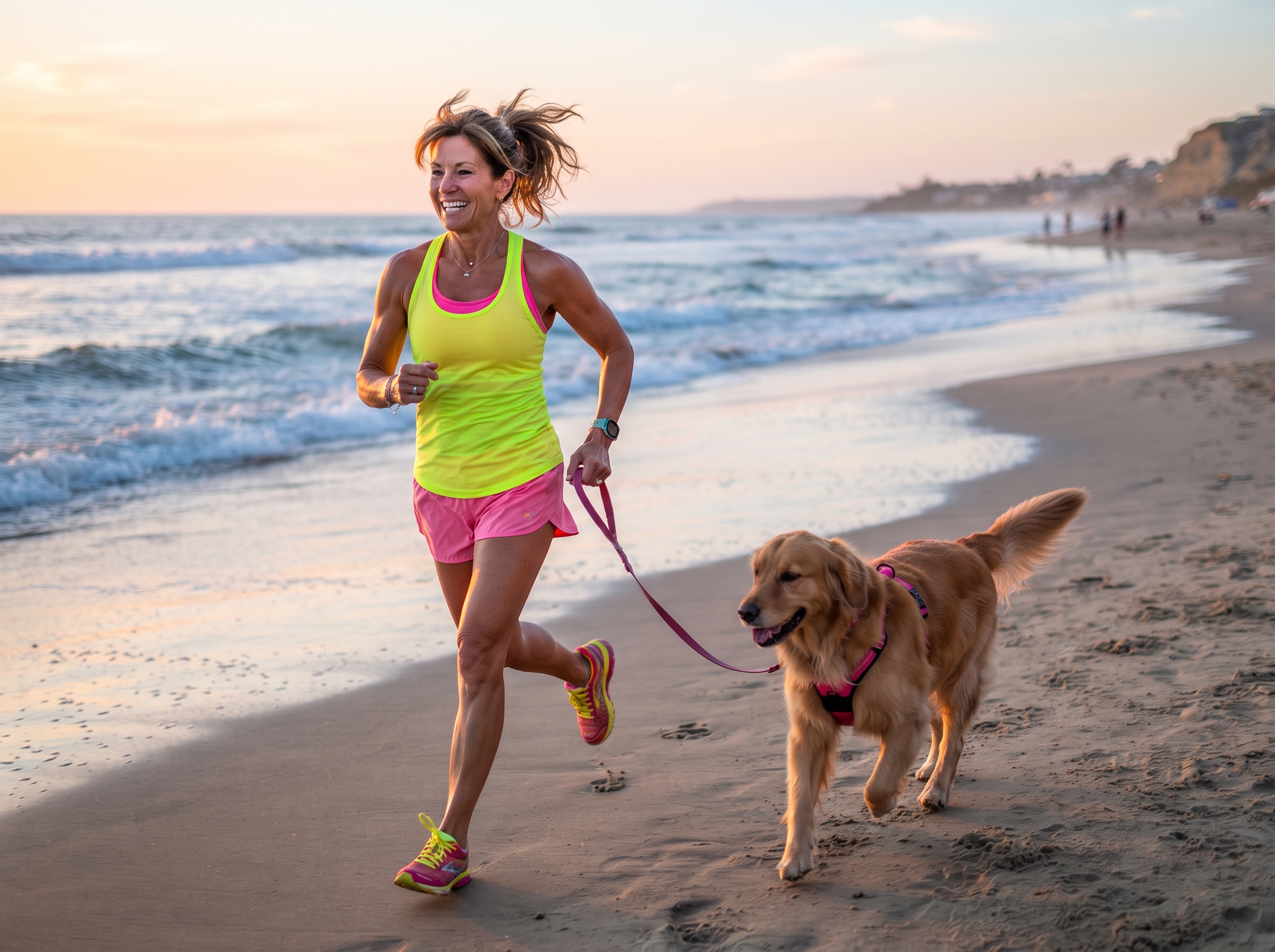 image of a woman in her fifties jogging on a beach with her dog