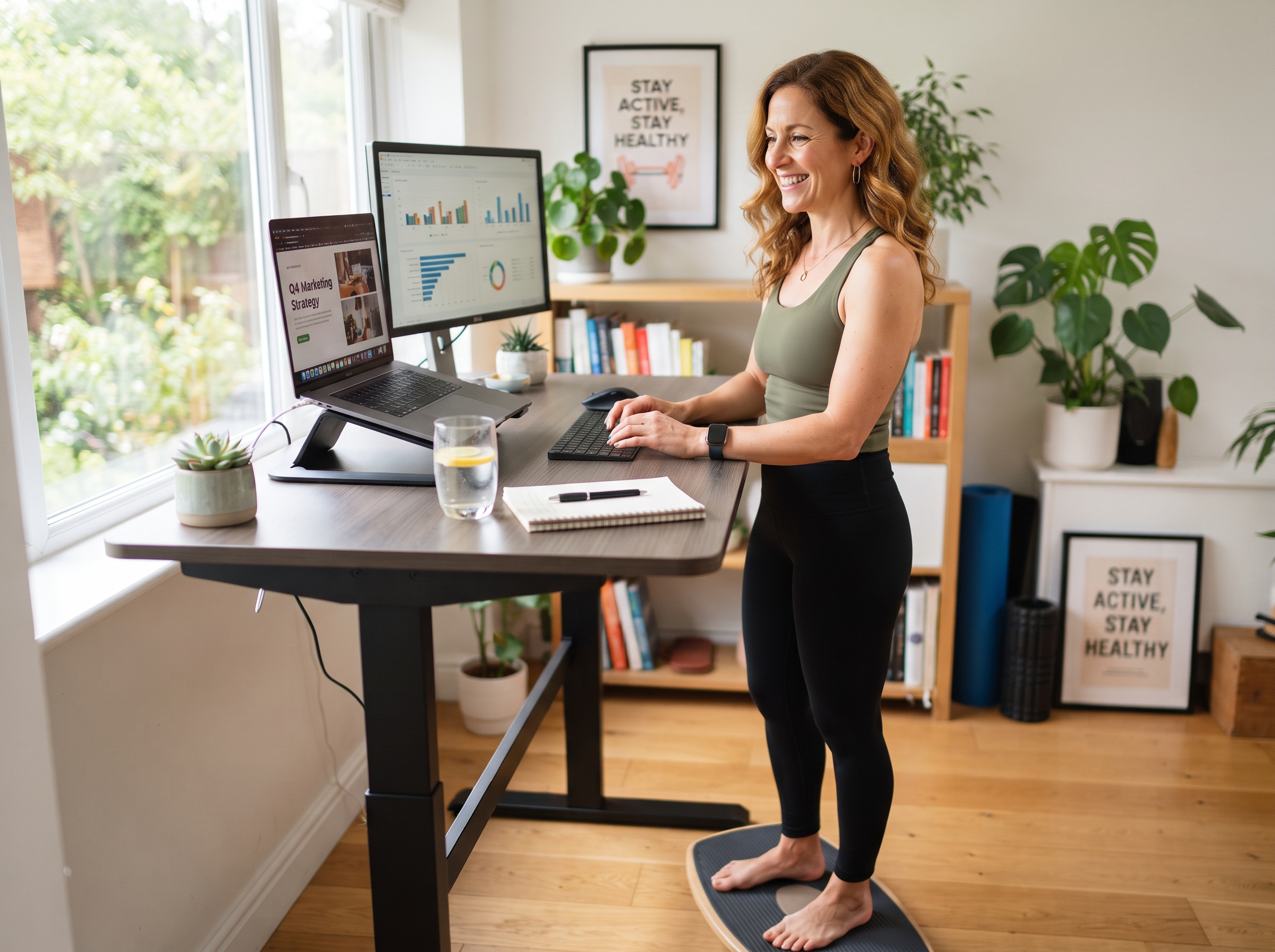 woman working from home on standing computer workstation