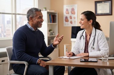 handsome African American man talking with his doctor