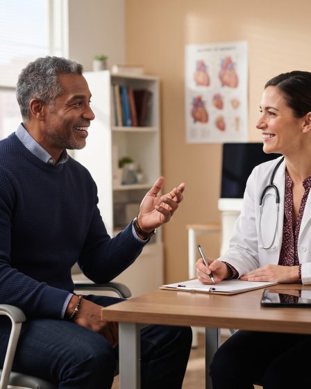 handsome African American man talking with his doctor