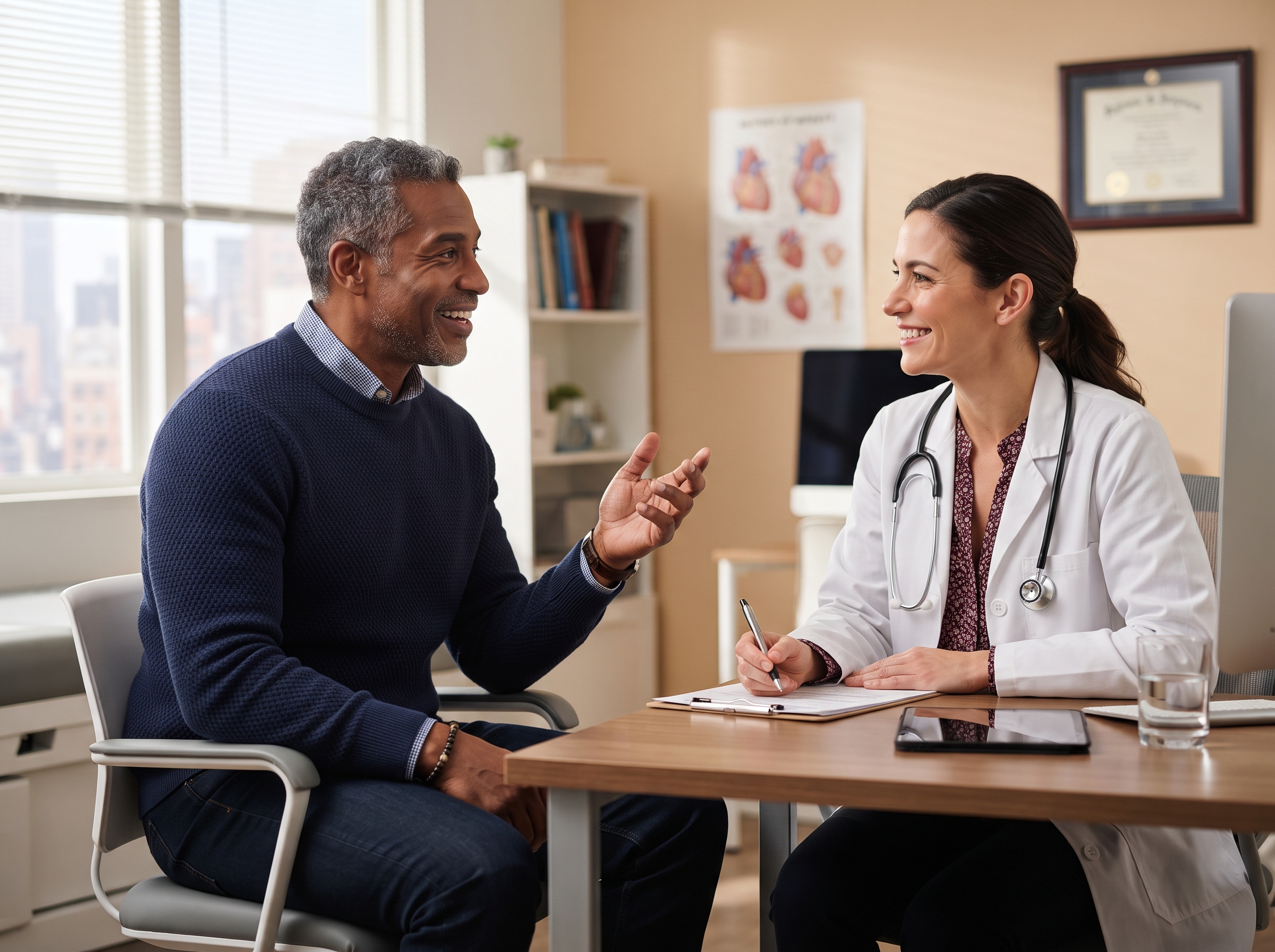 handsome African American man talking with his doctor