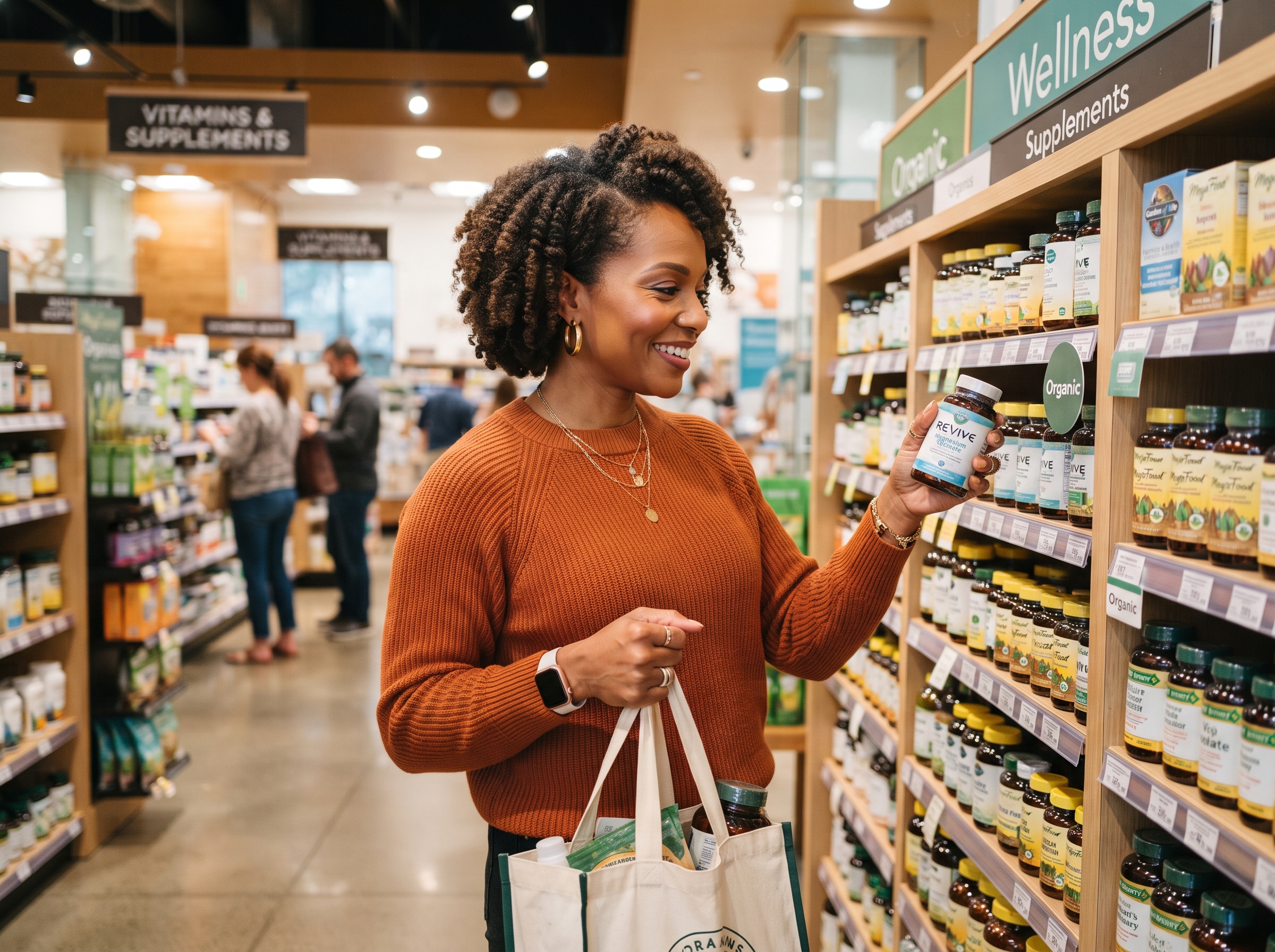 woman shopping for supplements in an upscale drugstore