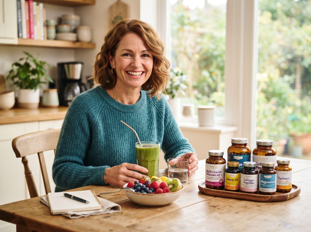 woman sitting with supplements for healthy aging