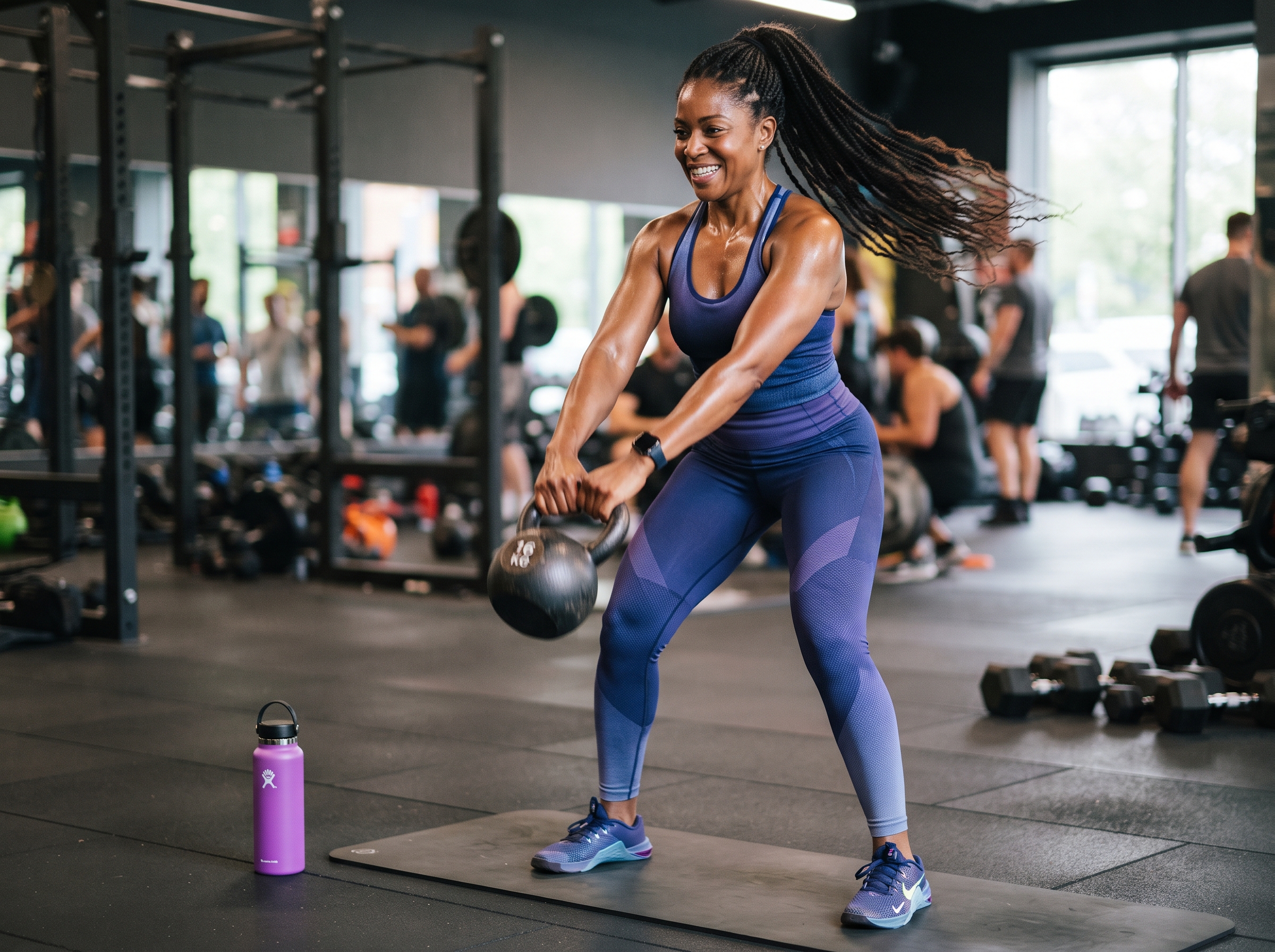 African American woman working out with a kettle bell